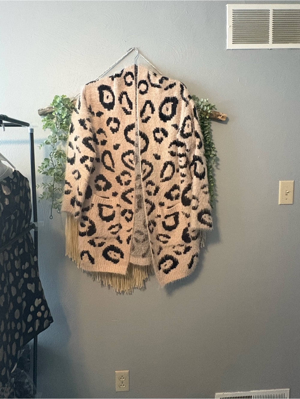 easel Beige and Black Leopard Print Open Cardigan